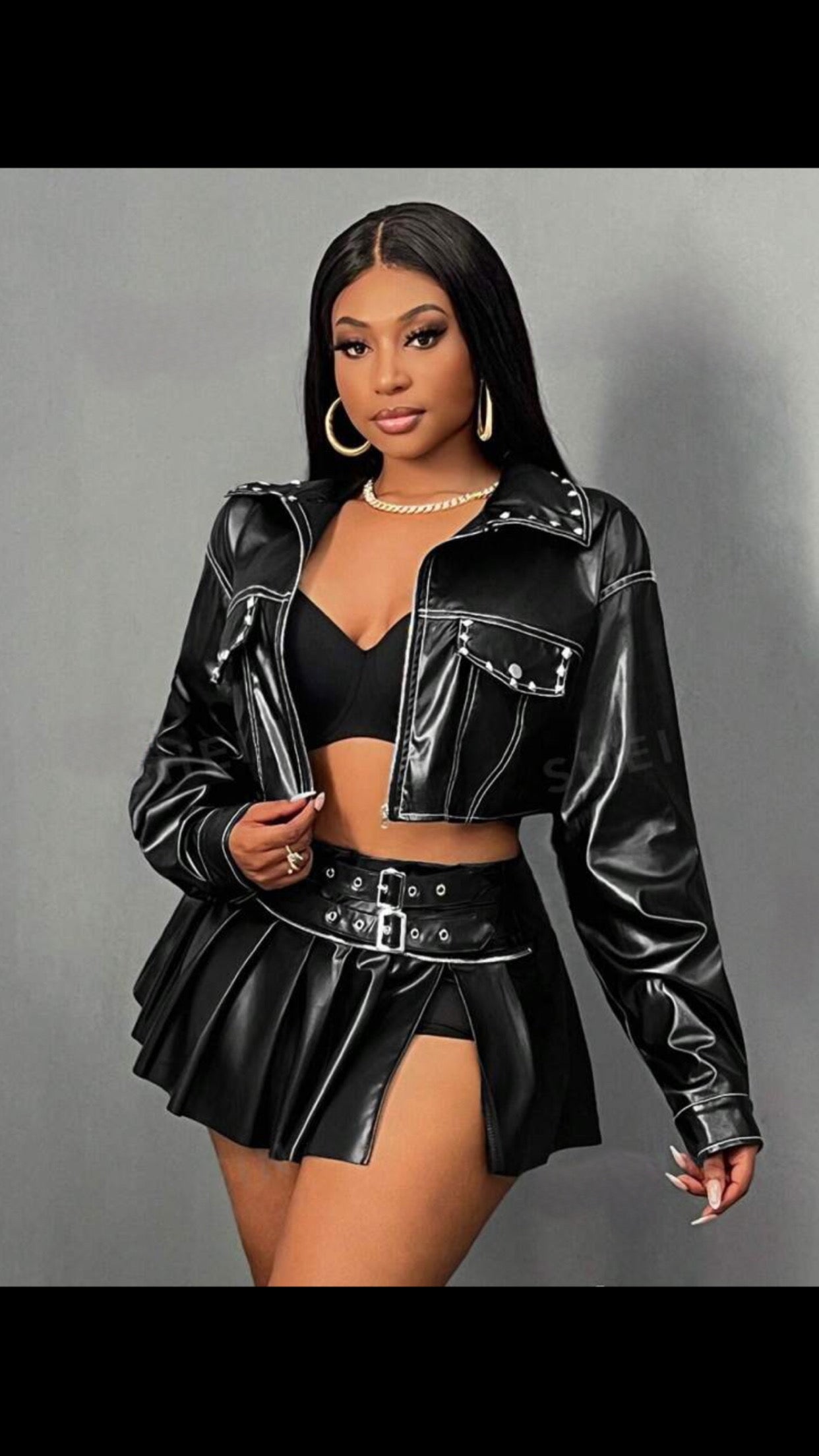 Faux Leather Jacket and Skirt Set